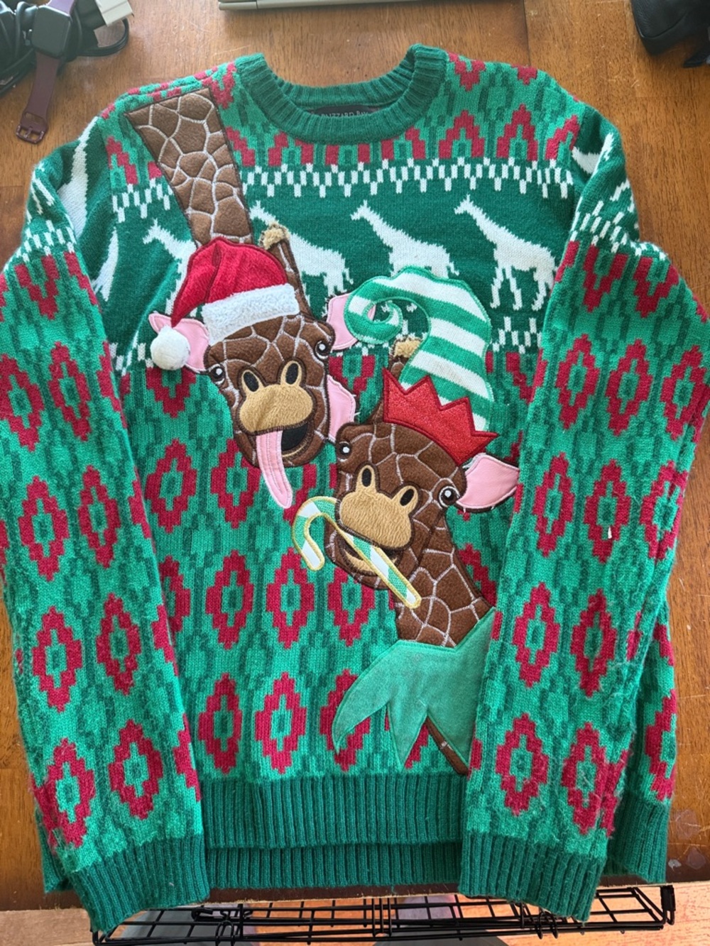 Festive Green & Red Giraffe Holiday Cardigan Sweater